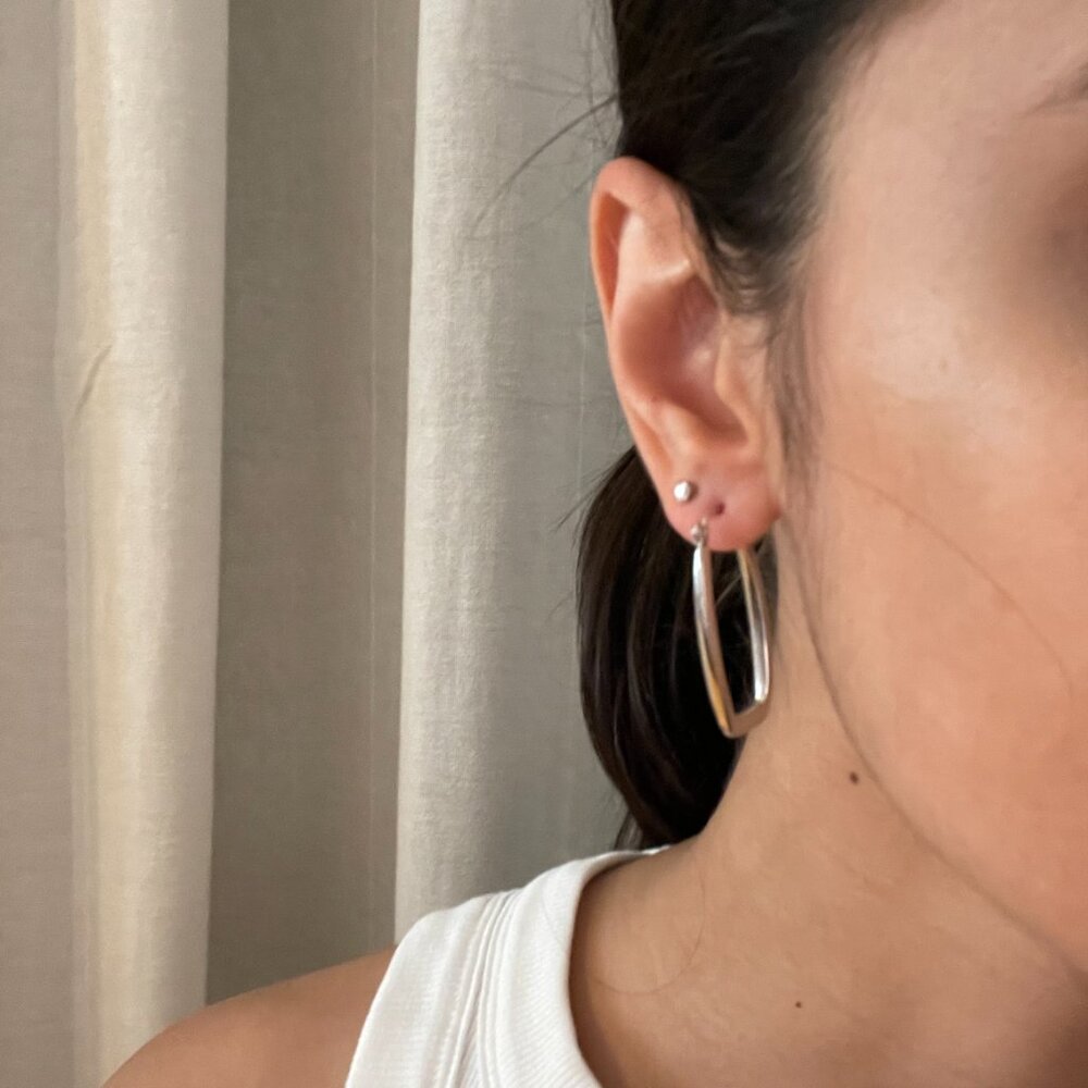 Modern Silver Rectangle Hoop Earrings - Picture 4 of 4